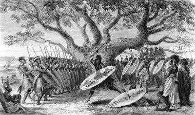 Danse des Landeens, ou Zoulous, arrivés à Shupanga pour lever le tribut annuel des Portugais, gravé par Josiah Wood Whymper (1813-1903) - English School